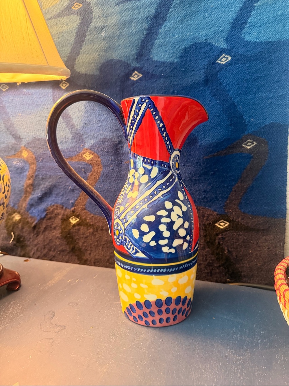 Anthropologie Hand-Painted Colorful Ceramic Pitcher - Blue, Red & Yellow